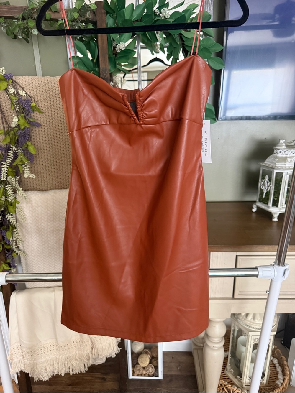 Rust Faux Leather Strapless Slip Dress